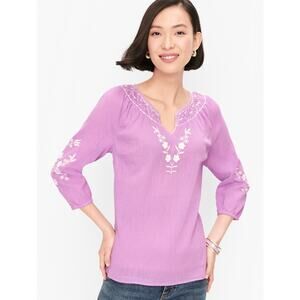 TALBOTS Blouse XL Peasant Gauze Floral Embroidered Split Neck 3/4 Sleeve Purple
